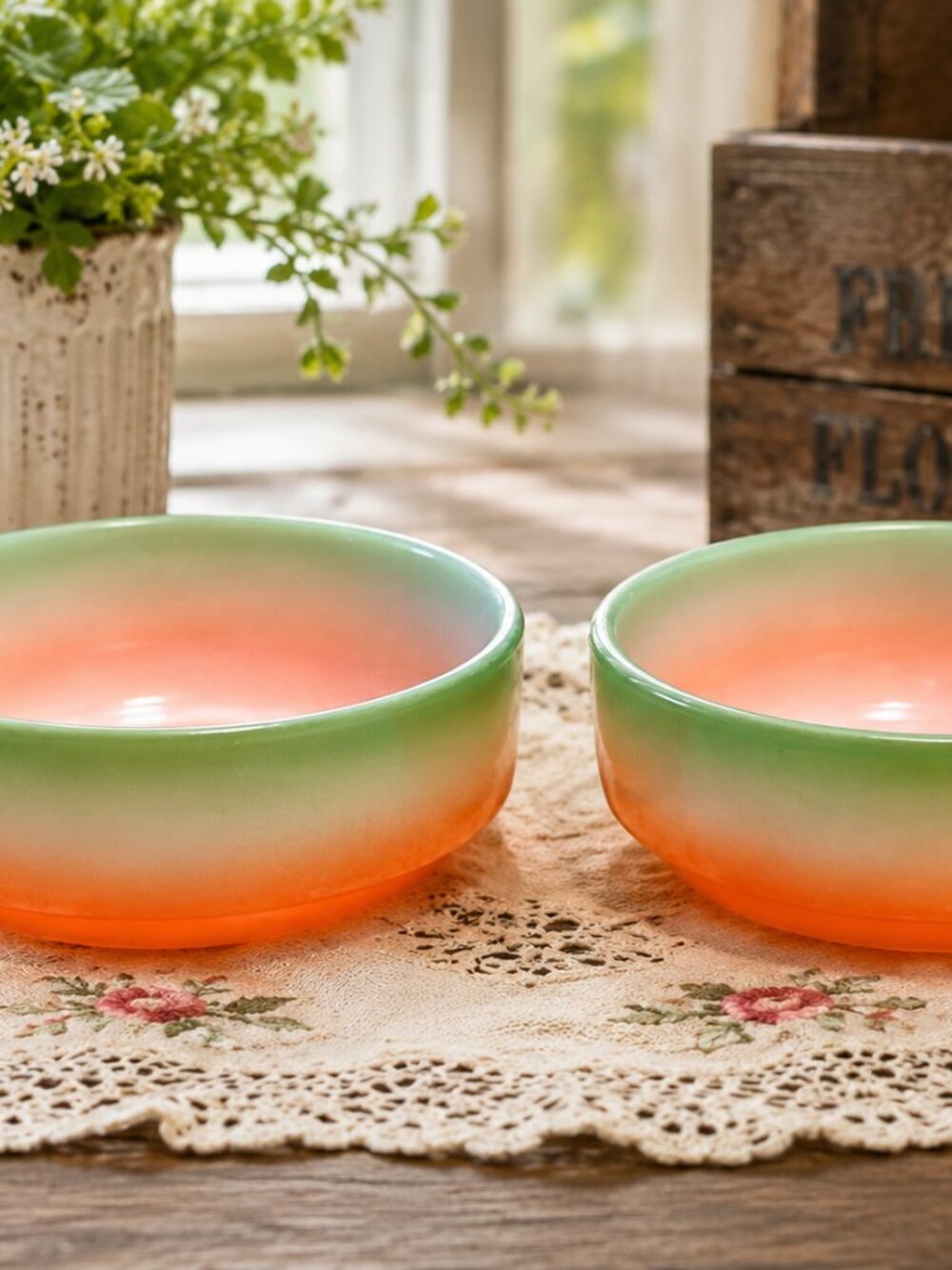 Retro Fire-King Style Ombre Bowls Set of 2 Orange, White & Green, Made in USA